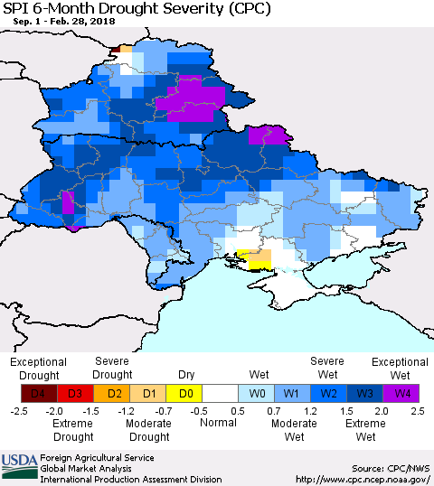 Ukraine, Moldova and Belarus SPI 6-Month Drought Severity (CPC) Thematic Map For 9/1/2017 - 2/28/2018
