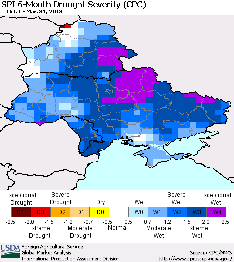 Ukraine, Moldova and Belarus SPI 6-Month Drought Severity (CPC) Thematic Map For 10/1/2017 - 3/31/2018