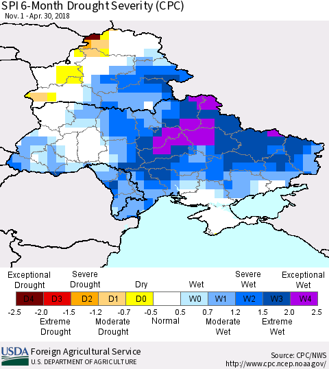 Ukraine, Moldova and Belarus SPI 6-Month Drought Severity (CPC) Thematic Map For 11/1/2017 - 4/30/2018