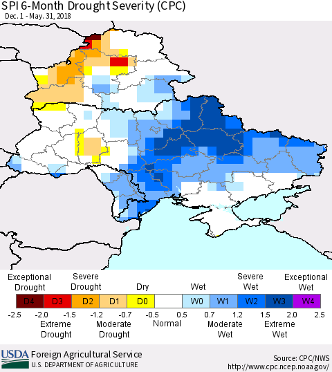 Ukraine, Moldova and Belarus SPI 6-Month Drought Severity (CPC) Thematic Map For 12/1/2017 - 5/31/2018