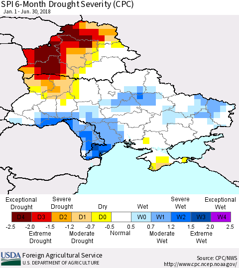 Ukraine, Moldova and Belarus SPI 6-Month Drought Severity (CPC) Thematic Map For 1/1/2018 - 6/30/2018