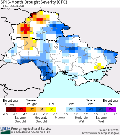 Ukraine, Moldova and Belarus SPI 6-Month Drought Severity (CPC) Thematic Map For 2/1/2018 - 7/31/2018
