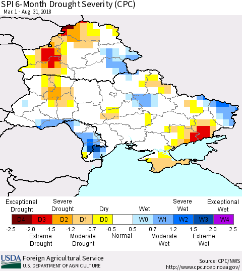 Ukraine, Moldova and Belarus SPI 6-Month Drought Severity (CPC) Thematic Map For 3/1/2018 - 8/31/2018