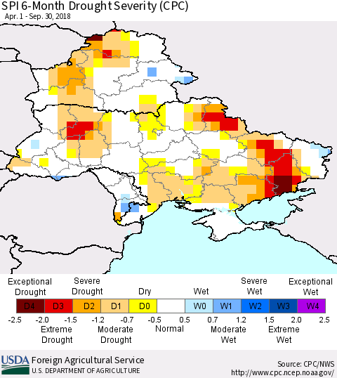 Ukraine, Moldova and Belarus SPI 6-Month Drought Severity (CPC) Thematic Map For 4/1/2018 - 9/30/2018