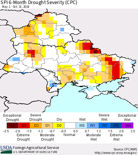 Ukraine, Moldova and Belarus SPI 6-Month Drought Severity (CPC) Thematic Map For 5/1/2018 - 10/31/2018