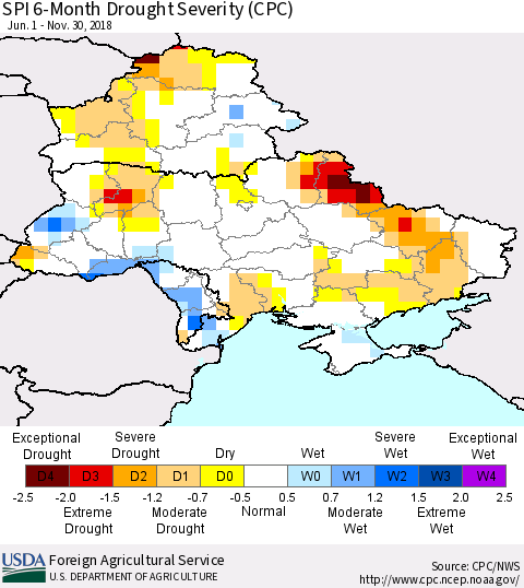 Ukraine, Moldova and Belarus SPI 6-Month Drought Severity (CPC) Thematic Map For 6/1/2018 - 11/30/2018