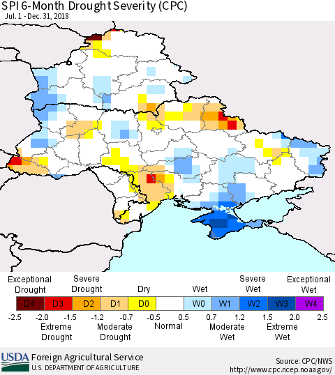 Ukraine, Moldova and Belarus SPI 6-Month Drought Severity (CPC) Thematic Map For 7/1/2018 - 12/31/2018