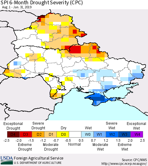 Ukraine, Moldova and Belarus SPI 6-Month Drought Severity (CPC) Thematic Map For 8/1/2018 - 1/31/2019