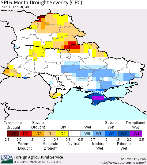 Ukraine, Moldova and Belarus SPI 6-Month Drought Severity (CPC) Thematic Map For 9/1/2018 - 2/28/2019