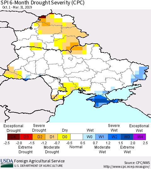 Ukraine, Moldova and Belarus SPI 6-Month Drought Severity (CPC) Thematic Map For 10/1/2018 - 3/31/2019
