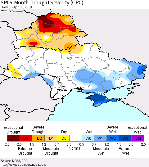 Ukraine, Moldova and Belarus SPI 6-Month Drought Severity (CPC) Thematic Map For 11/1/2018 - 4/30/2019