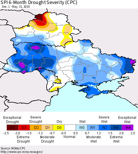 Ukraine, Moldova and Belarus SPI 6-Month Drought Severity (CPC) Thematic Map For 12/1/2018 - 5/31/2019