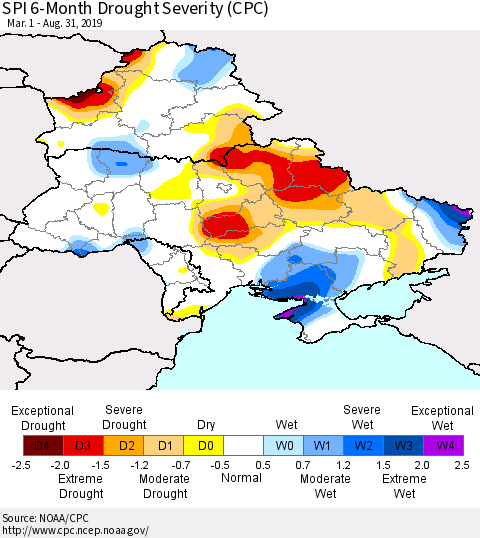 Ukraine, Moldova and Belarus SPI 6-Month Drought Severity (CPC) Thematic Map For 3/1/2019 - 8/31/2019