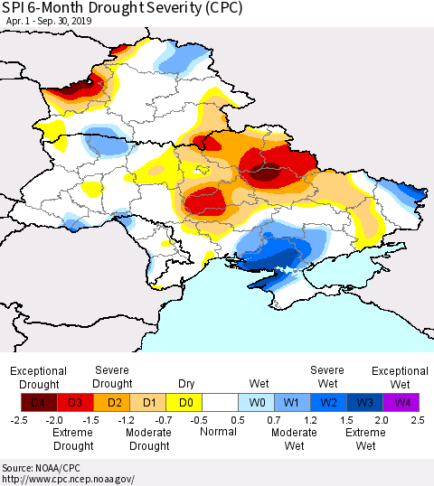 Ukraine, Moldova and Belarus SPI 6-Month Drought Severity (CPC) Thematic Map For 4/1/2019 - 9/30/2019
