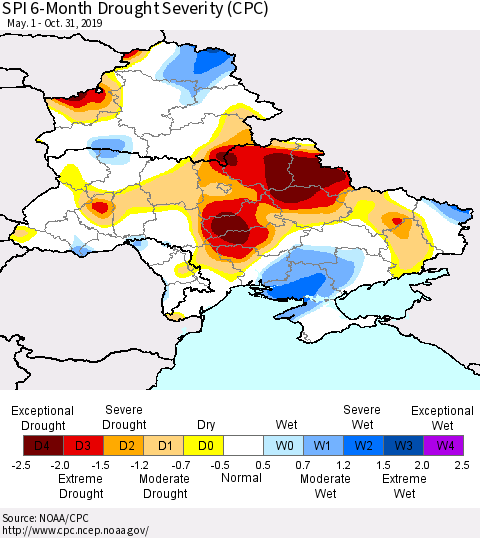 Ukraine, Moldova and Belarus SPI 6-Month Drought Severity (CPC) Thematic Map For 5/1/2019 - 10/31/2019