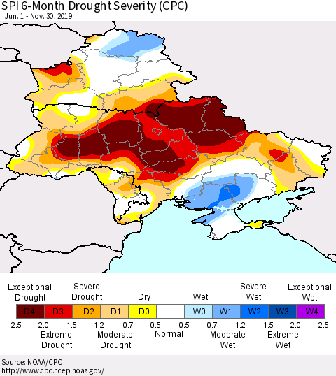 Ukraine, Moldova and Belarus SPI 6-Month Drought Severity (CPC) Thematic Map For 6/1/2019 - 11/30/2019
