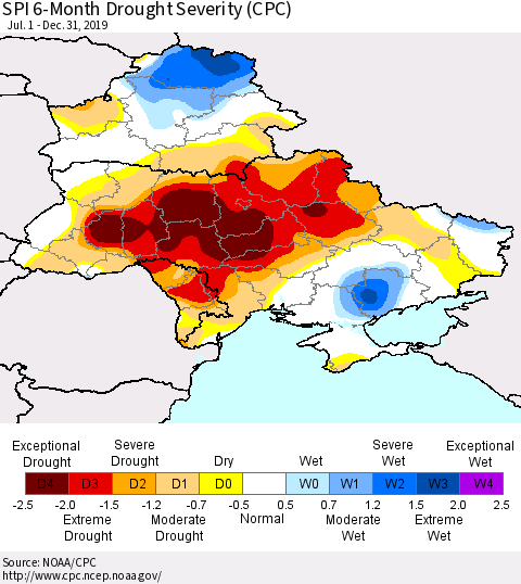 Ukraine, Moldova and Belarus SPI 6-Month Drought Severity (CPC) Thematic Map For 7/1/2019 - 12/31/2019