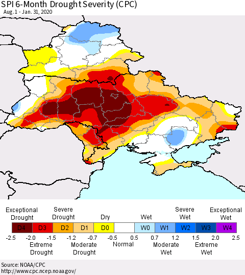 Ukraine, Moldova and Belarus SPI 6-Month Drought Severity (CPC) Thematic Map For 8/1/2019 - 1/31/2020