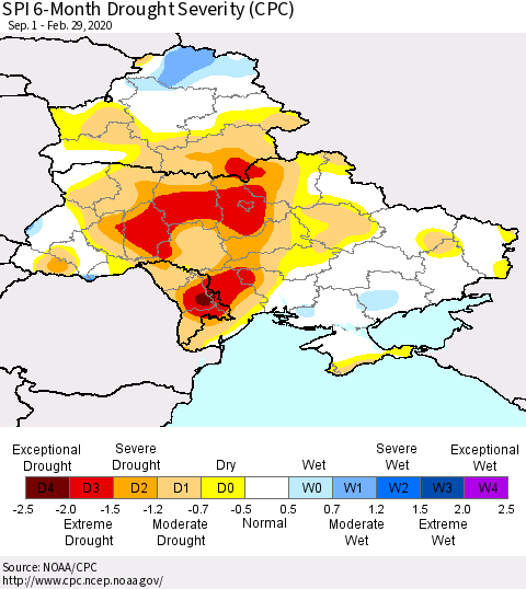 Ukraine, Moldova and Belarus SPI 6-Month Drought Severity (CPC) Thematic Map For 9/1/2019 - 2/29/2020