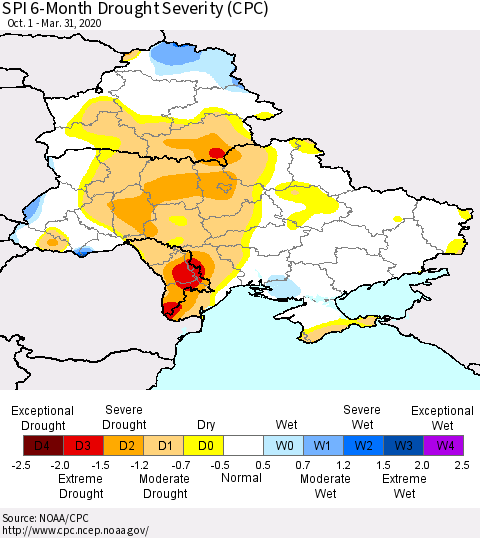 Ukraine, Moldova and Belarus SPI 6-Month Drought Severity (CPC) Thematic Map For 10/1/2019 - 3/31/2020