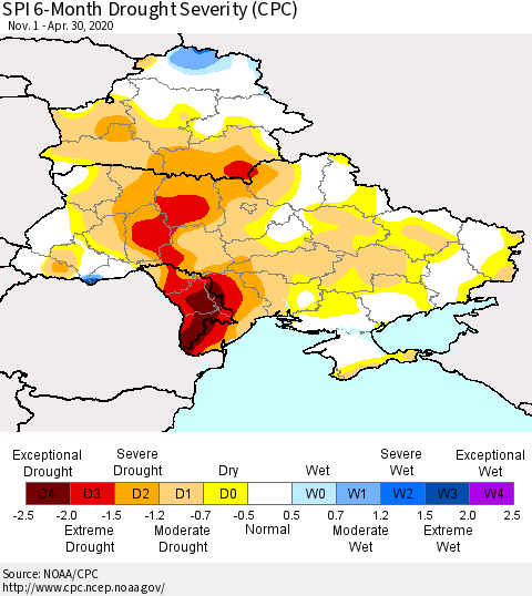 Ukraine, Moldova and Belarus SPI 6-Month Drought Severity (CPC) Thematic Map For 11/1/2019 - 4/30/2020