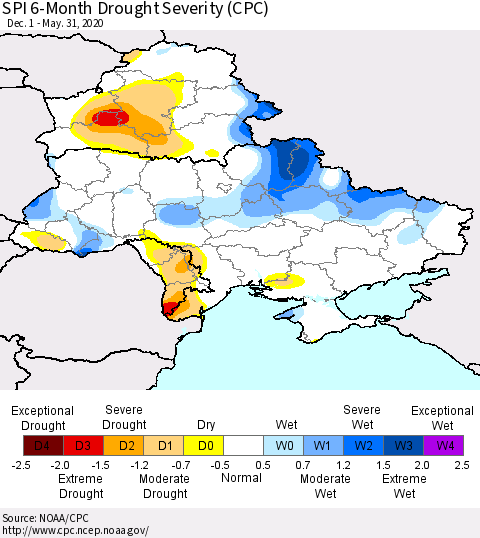 Ukraine, Moldova and Belarus SPI 6-Month Drought Severity (CPC) Thematic Map For 12/1/2019 - 5/31/2020