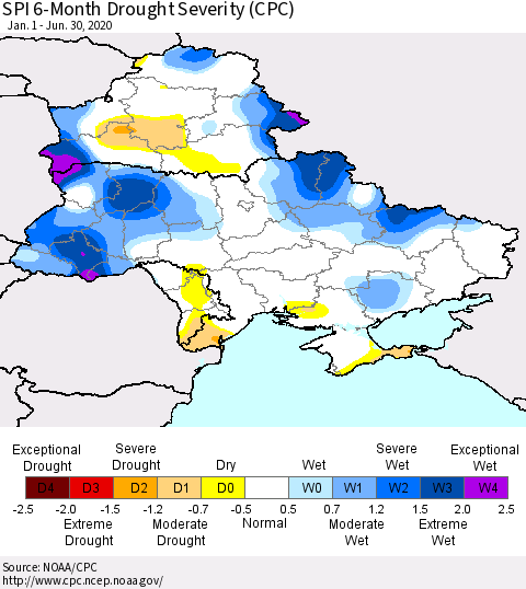 Ukraine, Moldova and Belarus SPI 6-Month Drought Severity (CPC) Thematic Map For 1/1/2020 - 6/30/2020