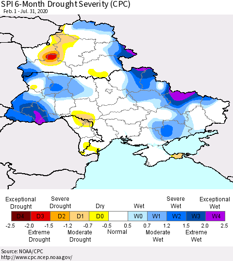 Ukraine, Moldova and Belarus SPI 6-Month Drought Severity (CPC) Thematic Map For 2/1/2020 - 7/31/2020