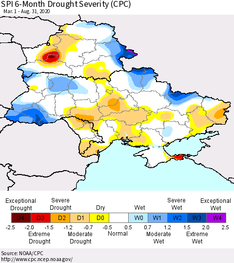Ukraine, Moldova and Belarus SPI 6-Month Drought Severity (CPC) Thematic Map For 3/1/2020 - 8/31/2020