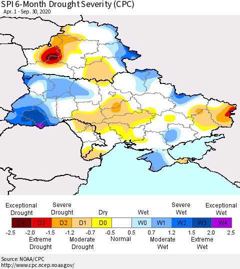Ukraine, Moldova and Belarus SPI 6-Month Drought Severity (CPC) Thematic Map For 4/1/2020 - 9/30/2020