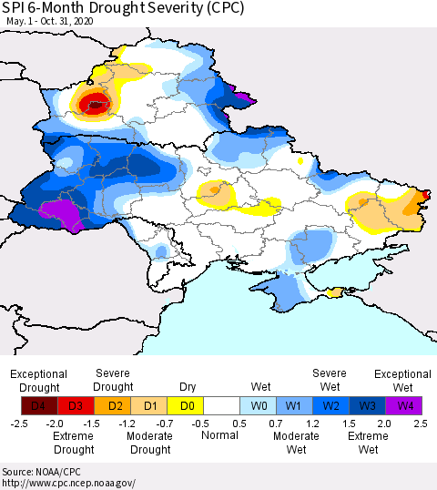 Ukraine, Moldova and Belarus SPI 6-Month Drought Severity (CPC) Thematic Map For 5/1/2020 - 10/31/2020