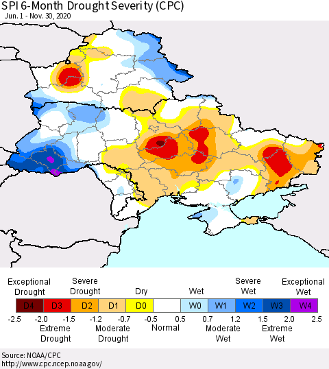 Ukraine, Moldova and Belarus SPI 6-Month Drought Severity (CPC) Thematic Map For 6/1/2020 - 11/30/2020