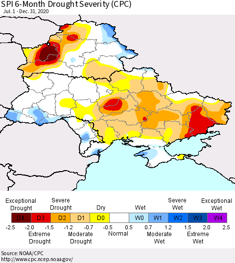 Ukraine, Moldova and Belarus SPI 6-Month Drought Severity (CPC) Thematic Map For 7/1/2020 - 12/31/2020