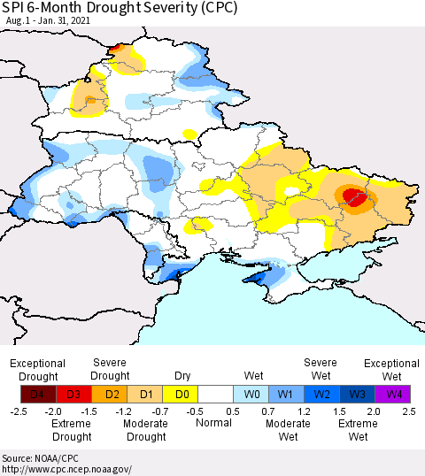 Ukraine, Moldova and Belarus SPI 6-Month Drought Severity (CPC) Thematic Map For 8/1/2020 - 1/31/2021