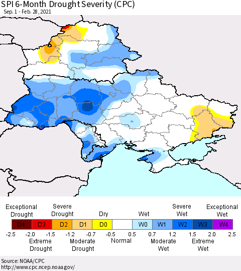 Ukraine, Moldova and Belarus SPI 6-Month Drought Severity (CPC) Thematic Map For 9/1/2020 - 2/28/2021