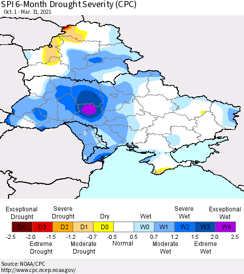 Ukraine, Moldova and Belarus SPI 6-Month Drought Severity (CPC) Thematic Map For 10/1/2020 - 3/31/2021