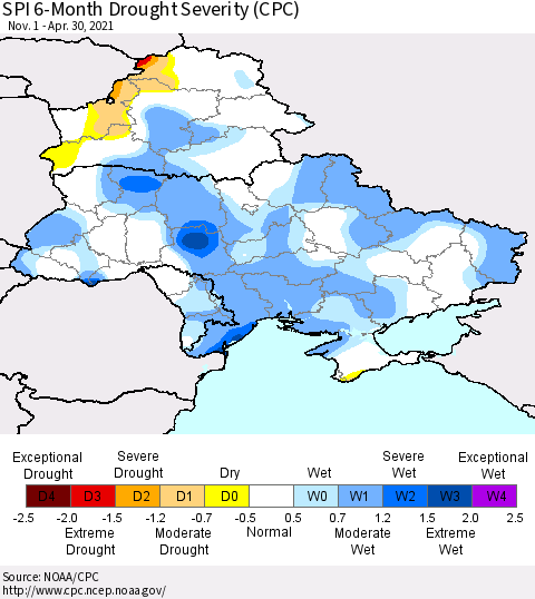 Ukraine, Moldova and Belarus SPI 6-Month Drought Severity (CPC) Thematic Map For 11/1/2020 - 4/30/2021