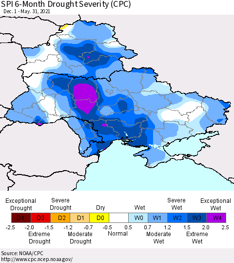 Ukraine, Moldova and Belarus SPI 6-Month Drought Severity (CPC) Thematic Map For 12/1/2020 - 5/31/2021