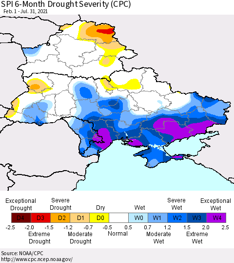 Ukraine, Moldova and Belarus SPI 6-Month Drought Severity (CPC) Thematic Map For 2/1/2021 - 7/31/2021