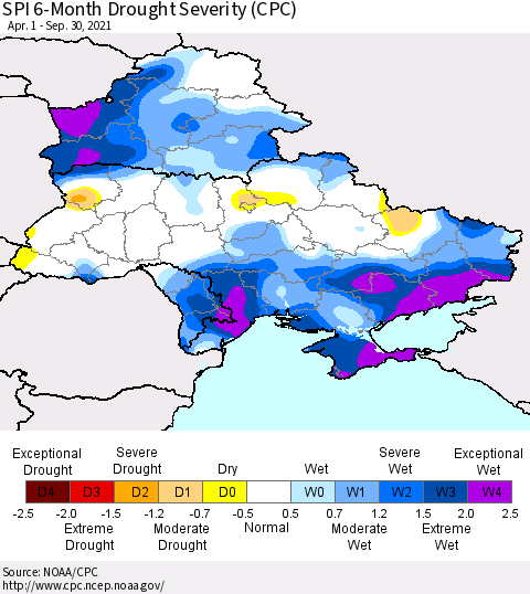 Ukraine, Moldova and Belarus SPI 6-Month Drought Severity (CPC) Thematic Map For 4/1/2021 - 9/30/2021