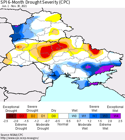 Ukraine, Moldova and Belarus SPI 6-Month Drought Severity (CPC) Thematic Map For 6/1/2021 - 11/30/2021