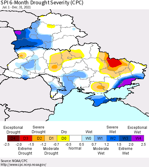 Ukraine, Moldova and Belarus SPI 6-Month Drought Severity (CPC) Thematic Map For 7/1/2021 - 12/31/2021