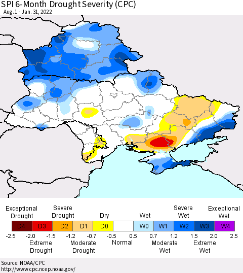 Ukraine, Moldova and Belarus SPI 6-Month Drought Severity (CPC) Thematic Map For 8/1/2021 - 1/31/2022