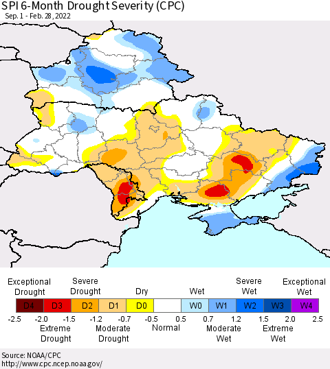 Ukraine, Moldova and Belarus SPI 6-Month Drought Severity (CPC) Thematic Map For 9/1/2021 - 2/28/2022