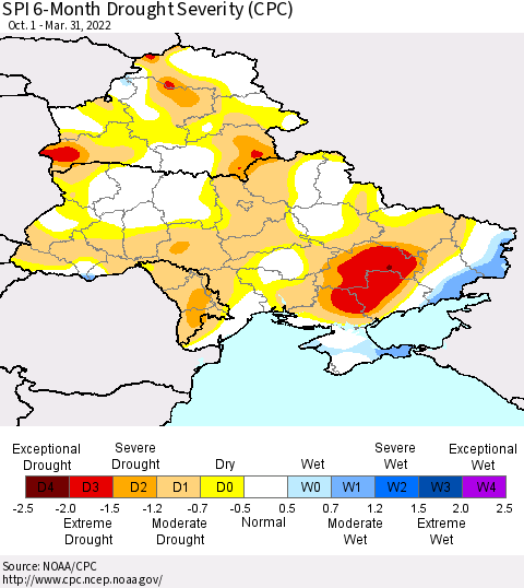Ukraine, Moldova and Belarus SPI 6-Month Drought Severity (CPC) Thematic Map For 10/1/2021 - 3/31/2022
