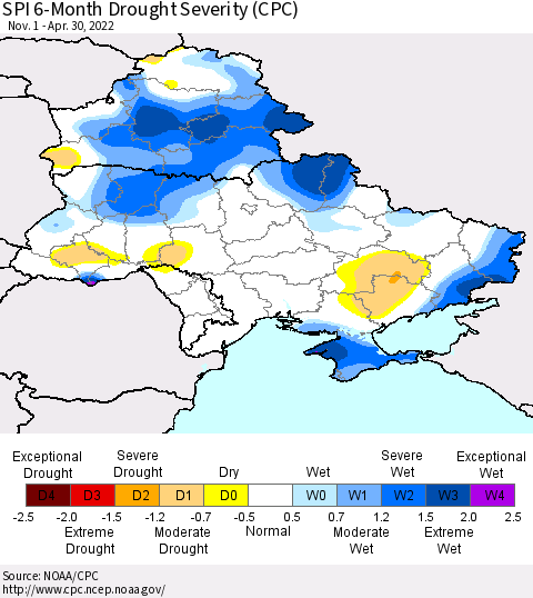 Ukraine, Moldova and Belarus SPI 6-Month Drought Severity (CPC) Thematic Map For 11/1/2021 - 4/30/2022