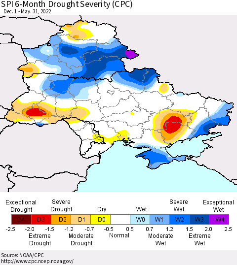 Ukraine, Moldova and Belarus SPI 6-Month Drought Severity (CPC) Thematic Map For 12/1/2021 - 5/31/2022