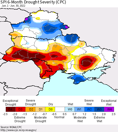 Ukraine, Moldova and Belarus SPI 6-Month Drought Severity (CPC) Thematic Map For 1/1/2022 - 6/30/2022