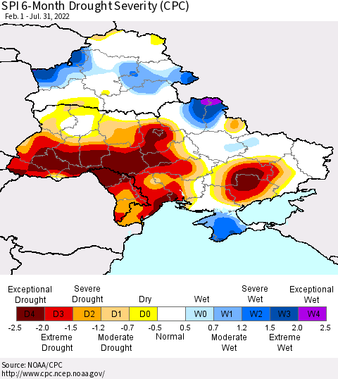 Ukraine, Moldova and Belarus SPI 6-Month Drought Severity (CPC) Thematic Map For 2/1/2022 - 7/31/2022