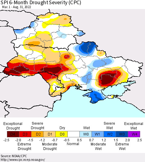 Ukraine, Moldova and Belarus SPI 6-Month Drought Severity (CPC) Thematic Map For 3/1/2022 - 8/31/2022
